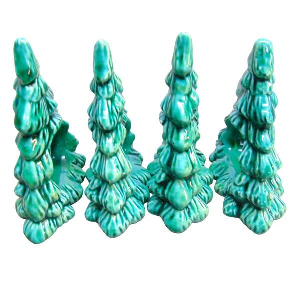 Porcelain Napkin Rings Holders Set 4 Green Christmas Tree Figurines New 3.25" - Picture 2 of 5